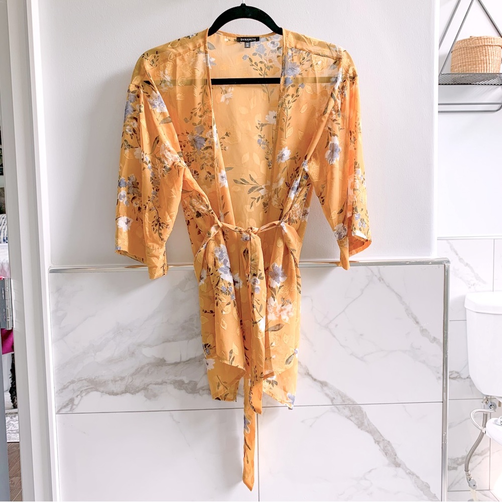 Dynamite Kimono Style Light Cardigan.  Vintage Floral Belted with Loops.